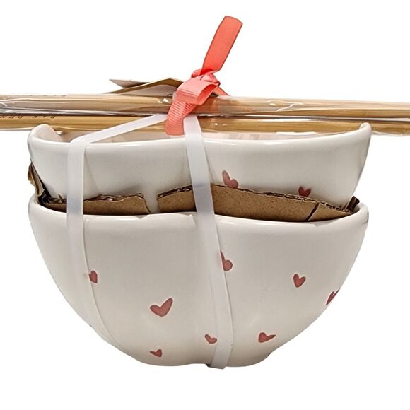 Rae Dunn Set of 2 Heart Shaped Ceramic Ramen‎ Noodle Bowl With Chopsticks NEW - Picture 10 of 16